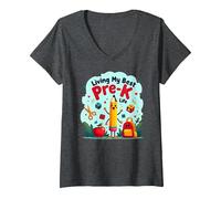 Vivre ma Meilleure Vie pré-Maternelle : L'Aventure Scolaire Joyeuse Commence T-Shirt avec Col en V, Femme, Chiné Foncé, L