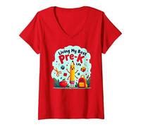 Vivre ma Meilleure Vie pré-Maternelle : L'Aventure Scolaire Joyeuse Commence T-Shirt avec Col en V, Femme, Rouge, XL