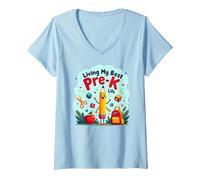 Vivre ma Meilleure Vie pré-Maternelle : L'Aventure Scolaire Joyeuse Commence T-Shirt avec Col en V, Femme, Bleu Céleste, L