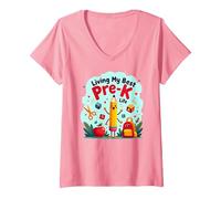 Vivre ma Meilleure Vie pré-Maternelle : L'Aventure Scolaire Joyeuse Commence T-Shirt avec Col en V, Femme, Rose, L