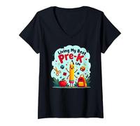 Vivre ma Meilleure Vie pré-Maternelle : L'Aventure Scolaire Joyeuse Commence T-Shirt avec Col en V, Femme, Noir, XL