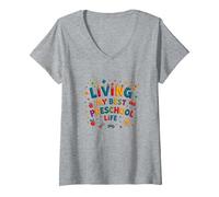 Vivre ma Meilleure Vie préscolaire T-Shirt avec Col en V, Femme, Gris Chiné, M