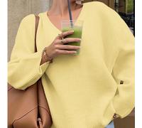 Vivre pour Mo Automne Vêtements Femmes Retour à l'école Saison Pull Col V Manches Longues, Jaune Beurre Décontracté, Hauts Sortie Mignons Femmes L,M,S,XLUnicoloreLaine peignée