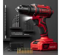 VIWKO Ensemble de perceuses sans fil 20 V avec bloc d'alimentation 2,0 Ah et chargeur, mandrin sans clé de 9,5 mm, couple 25 + 1, 42 embouts/vis pour projets de bricolage (rouge)
