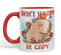 Vixar Capybara Tasse en céramique colorée avec inscription « Don't Worry Be Capy Kawaii » Cadeau 330 ml pour le travail, le bureau, le thé, le café (rouge)