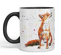 Vixar Fox British Wildlife Tasse colorée peinte à la main Motif aquarelle Cadeau d'anniversaire, travail, bureau, Noël, thé et café (Noir)