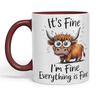 Vixar Mug coloré en céramique Inscription It's Fine I'm Fine Everything is ..., Highland Cow Scottish Joke Sarcastic 330 ml (Marron)