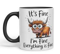 Vixar Mug coloré en céramique Inscription It's Fine I'm Fine Everything is ..., Highland Cow Scottish Joke Sarcastic Noir 330 ml