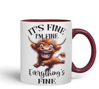 Vixar Mug en céramique colorée avec inscription « It's Fine I'm Fine Everything is ..., Highland Cow Scottish Joke Sarcastic » - 330 ml - FHC2 (Marron)