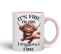 Vixar Mug en céramique colorée avec inscription « It's Fine I'm Fine Everything is ..., Highland Cow Scottish Joke Sarcastic » - 330 ml - FHC2 - Rose
