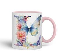 Vixar Tasse avec lettre L, motif floral, papillon, lettre L, monogramme aquarelle, tasse en céramique colorée pour thé, café, infusion chaude, 330 ml, cadeau (rose)
