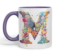 Vixar Tasse avec lettre M, motif floral, papillon, lettre de l'alphabet M, monogramme aquarelle, tasse en céramique colorée pour thé, café, infusion chaude, 330 ml, cadeau (violet)