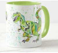 Vixar Tasse colorée dinosaure Tyrannosaure T-Rex Art aquarelle Tasse cadeau d'anniversaire, travail, bureau, Noël, thé, café (L vert)