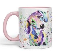 Vixar Tasse colorée en céramique avec motif teckel, saucisse, blaireau, aquarelle, art arc-en-ciel, 330 ml, cadeau d'anniversaire, travail, bureau, Noël, thé, café (rose)