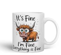 Vixar Tasse colorée en céramique Inscription It's Fine I'm Fine Everything is ..., Highland Cow Scottish Joke Sarcastic 330 ml (Blanc)