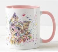 Vixar Tasse colorée pour animal de compagnie Yorkshire Terrier - Aquarelle arc-en-ciel - Cadeau d'anniversaire, travail, bureau, Noël, thé, café (rose)