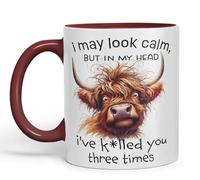 Vixar Tasse en céramique colorée avec inscription « I May Look Calm, but in My Head I've k*lled You Three Times Highland Cow Sarkasm » pour thé, café, infusion chaude, 330 ml, marron