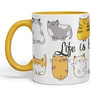 Vixar Tasse en céramique colorée avec inscription « Life is Better with a Cat » - Cadeau pour le thé, le café, le bureau, la maison, les amoureux des chats (G Jaune)