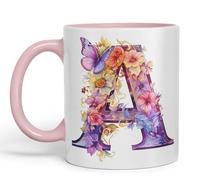 Vixar Tasse en céramique colorée avec lettre A, motif floral, papillon, lettre A, monogramme aquarelle, pour thé, café, infusion chaude, 330 ml, cadeau (rose)
