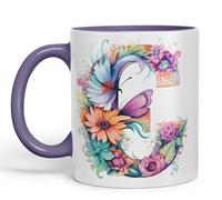 Vixar Tasse en céramique colorée avec lettre C, motif floral, papillon, lettre C, monogramme aquarelle, pour thé, café, infusion chaude, 330 ml, cadeau (violet)