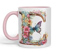 Vixar Tasse en céramique colorée avec lettre E, motif floral, papillon, lettre de l'alphabet E, monogramme aquarelle, tasse pour thé, café, infusion chaude, 330 ml, cadeau (rose)