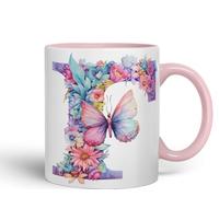 Vixar Tasse en céramique colorée avec lettre F, motif floral, papillon, lettre F, monogramme aquarelle, pour thé, café, infusion chaude, 330 ml, cadeau (rose)