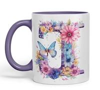 Vixar Tasse en céramique colorée avec lettre J, motif floral, papillon, lettre J, monogramme aquarelle, pour thé, café, infusion chaude, 330 ml, cadeau (violet)