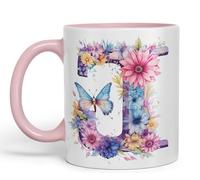 Vixar Tasse en céramique colorée avec lettre J, motif floral, papillon, lettre J, monogramme aquarelle, pour thé, café, infusion chaude, 330 ml, cadeau (rose)