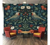 VIXENIUM Papier Peint Panoramique Vintage, Papier Peint Vert Bleu Oiseaux Fleur Cuisine Chambre Salon, 500x280 cm, Décoration Murale Vintage, Stickers