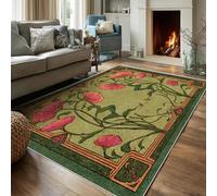 VIXENIUM Tapis Carré Art Nouveau Chambre 200x200 cm Motif Vert Rose Fleurs, Tapis Cuisine Lavable Antidérapant Doux Poil Ras, Deco Chambre Moquette