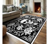 VIXENIUM Tapis Gothique Chambre 80x150 cm Motif Tête De Mort Fleur Roses, Tapis Cuisine Lavable Antidérapant Doux Poil Ras, Deco Chambre Moquette