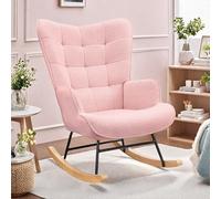 VixorLuilith Fauteuil à bascule, fauteuil lounge avec accoudoirs, chaise à bascule d'allaitement, fauteuil scandinave en tissu avec pieds en bois massif pour salon, chambre à coucher, balcon (rose)