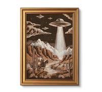 VIYYIEA Petite toile encadrée dorée - Paysage occidental vintage OVNI - 30,5 x 40,6 cm, cactus rétro sud-ouest - Décoration pour chambre à coucher, salon, bureau, étagère - Poster science-fiction