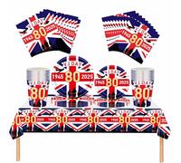 VJ Day Ensemble de vaisselle pour 80e anniversaire - Fournitures de fête VJ Day 2025 avec 20 serviettes, 16 tasses, 16 assiettes de 17,8 cm et 22,9 cm, 1 nappe pour 80 ans de victoire au Japon