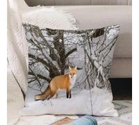 VJIZLOQB Housses de Coussin Court Peluche Carré Taie d'oreiller pour Sofa Canapé Chambre Chaise Domicile Décor,Renard Roux en Chasse, Fourrure de Queue touffue Sauvage, forêt, Hiver, natu,40x40cm