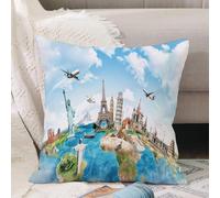 VJIZLOQB Housses de Coussin Court Peluche Carré Taie d'oreiller pour Sofa Canapé Chambre Chaise Domicile Décor,Un Voyage Autour du Monde,50x50cm
