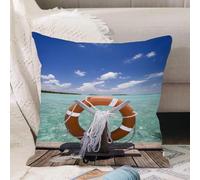 VJIZLOQB Housses de Coussin Court Peluche Carré Taie d'oreiller pour Sofa Canapé Chambre Chaise Domicile Décor,Bouée de Sauvetage, bouée de Sauvetage sur la jetée Ciel d'été Soleil Tropic,40x40cm