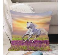 VJIZLOQB Housses de Coussin Court Peluche Carré Taie d'oreiller pour Sofa Canapé Chambre Chaise Domicile Décor,Cheval Blanc galopant dans Les Fleurs Contre Le Ciel du Coucher de Soleil,45x45cm