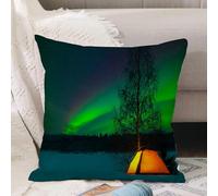 VJIZLOQB Housses de Coussin Court Peluche Carré Taie d'oreiller pour Sofa Canapé Chambre Chaise Domicile Décor,Camping dans Le Nord avec Les aurores boréales au-Dessus de nos têtes - Auro,40x40cm