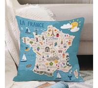VJIZLOQB Housses de Coussin Court Peluche Carré Taie d'oreiller pour Sofa Canapé Chambre Chaise Domicile Décor,Carte vectorielle stylisée de la France. Illustration de Voyage avec des Mon,50x50cm