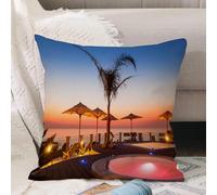 VJIZLOQB Housses de Coussin Court Peluche Carré Taie d'oreiller pour Sofa Canapé Chambre Chaise Domicile Décor,Belle Vue Estivale sur l'aube Rouge au Bord de la Piscine avec Palmiers et p,50x50cm