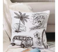 VJIZLOQB Housses de Coussin Court Peluche Carré Taie d'oreiller pour Sofa Canapé Chambre Chaise Domicile Décor,Planche de Surf de Sport de Surf Plage et Van Croquis de Style décoratif Mon,50x50cm
