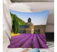 VJIZLOQB Housses de Coussin Court Peluche Carré Taie d'oreiller pour Sofa Canapé Chambre Chaise Domicile Décor,Abbaye de Sénanque et rangées de Fleurs de Lavande en Fleurs au Coucher du s,45x45cm