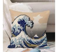 VJIZLOQB Housses de Coussin Court Peluche Carré Taie d'oreiller pour Sofa Canapé Chambre Chaise Domicile Décor,Ukiyoe Hokusai Katsushika Trente-Six Vues du Mont Fuji La Grande Vague,45x45cm
