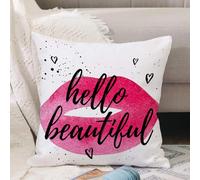 VJIZLOQB Housses de Coussin Court Peluche Carré Taie d'oreiller pour Sofa Canapé Chambre Chaise Domicile Décor,Bonjour, Forme de la lèvre en Aquarelle avec Une Phrase d'amour sur Le Coeur,40x40cm