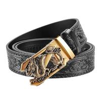 VJK Ceintures de luxe pour homme avec tête de dragon vintage gravée avec boucle automatique en alliage, sangle de taille en cuir, ceinture réglable plus facile à découper, ceinture à cliquet