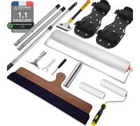 VKE Kit Ragréage, Rouleau Debulleur Ragreage 50 cm avec Pare-Éclaboussures, Râteau Autonivelant 56 cm, Chaussures à Pointes, Perche Telescopique 162 cm (avec Rouleau Peinture et Grattoir Vitre)