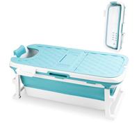 Vkechh Baignoire pliable pour adulte, Baignoire mobile pliante 132 x 60 x 50 cm, Portable et peu encombrante, avec couvercle et tuyau de vidange, pour salle de bain, douche et extérieur, Bleu