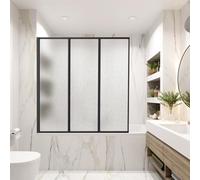 Vkechh Paroi de baignoire 120×140 cm, 3 volets pliables en plastique PS incassable, paroi de douche avec cadre en aluminium noir, accessoires de baignoire avec structure de gouttes comme protection