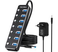 VKUSRA Hub USB 3.0 avec bloc d'alimentation, 7 ports USB actif pour transfert de données ultra rapide, répartiteur USB 3.0 en aluminium avec interrupteur unique et câble long de 120 cm
